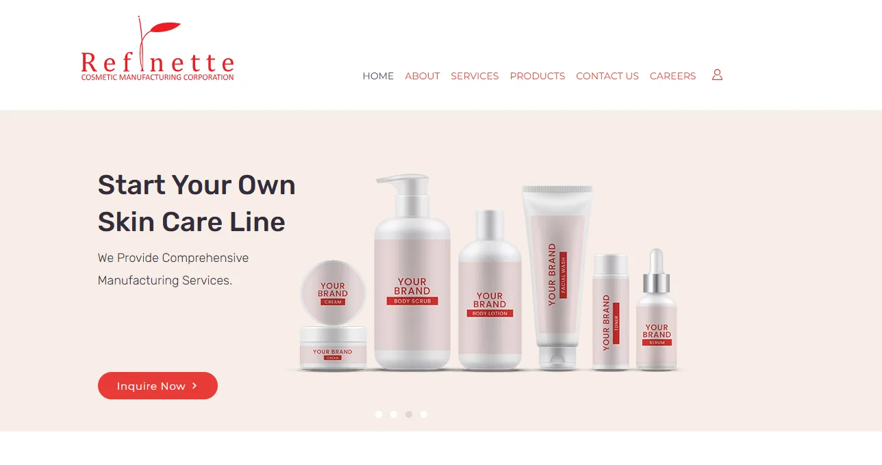 Display of skincare products labeled 'Your Brand' with text promoting Refnette cosmetic manufacturing services.